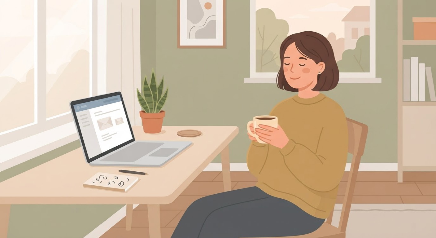 Relaxed person enjoying morning coffee next to a laptop with a calm, sorted inbox