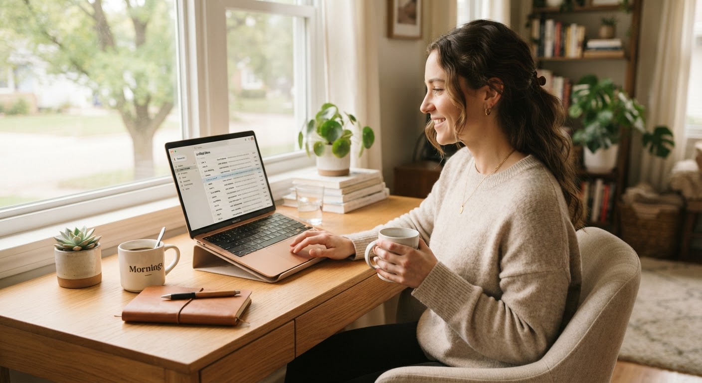 Relaxed person managing email with calm and control