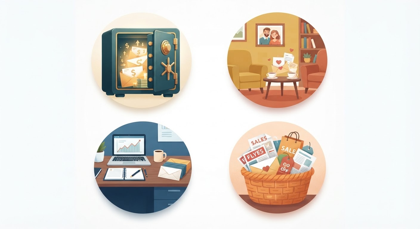 Four email roles: safe, living room, office, and junk drawer