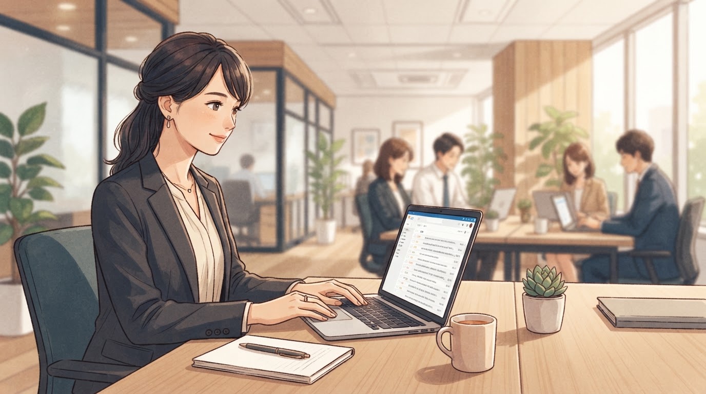 落ち着いた受信トレイと満足するビジネスパーソン